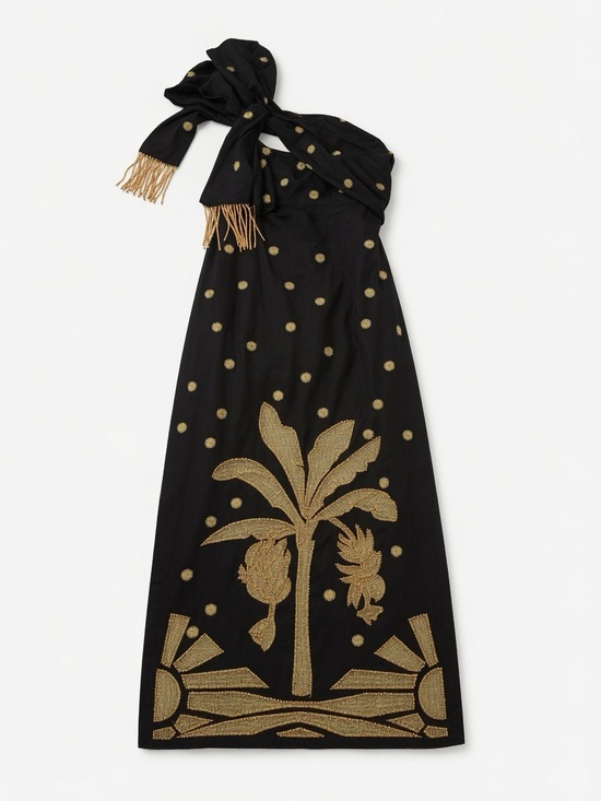 FARM Rio Dresses & Skirts - FARM Rio Black One-Shoulder Dress with Gold Tropical Embroidery